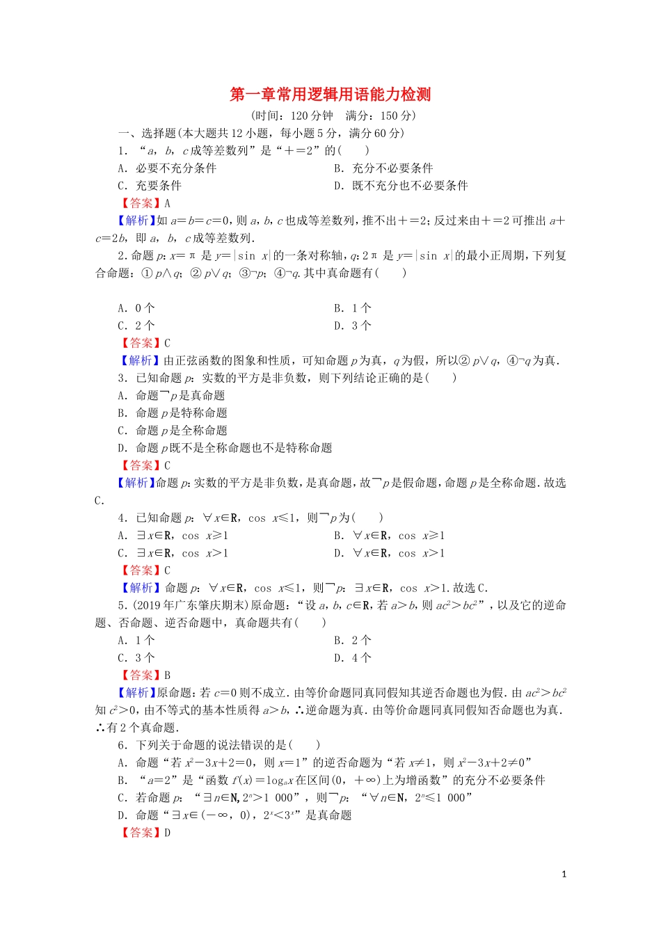 高中数学 第一章 常用逻辑用语能力检测 新人教A版选修2-1-新人教A版高二选修2-1数学试题_第1页