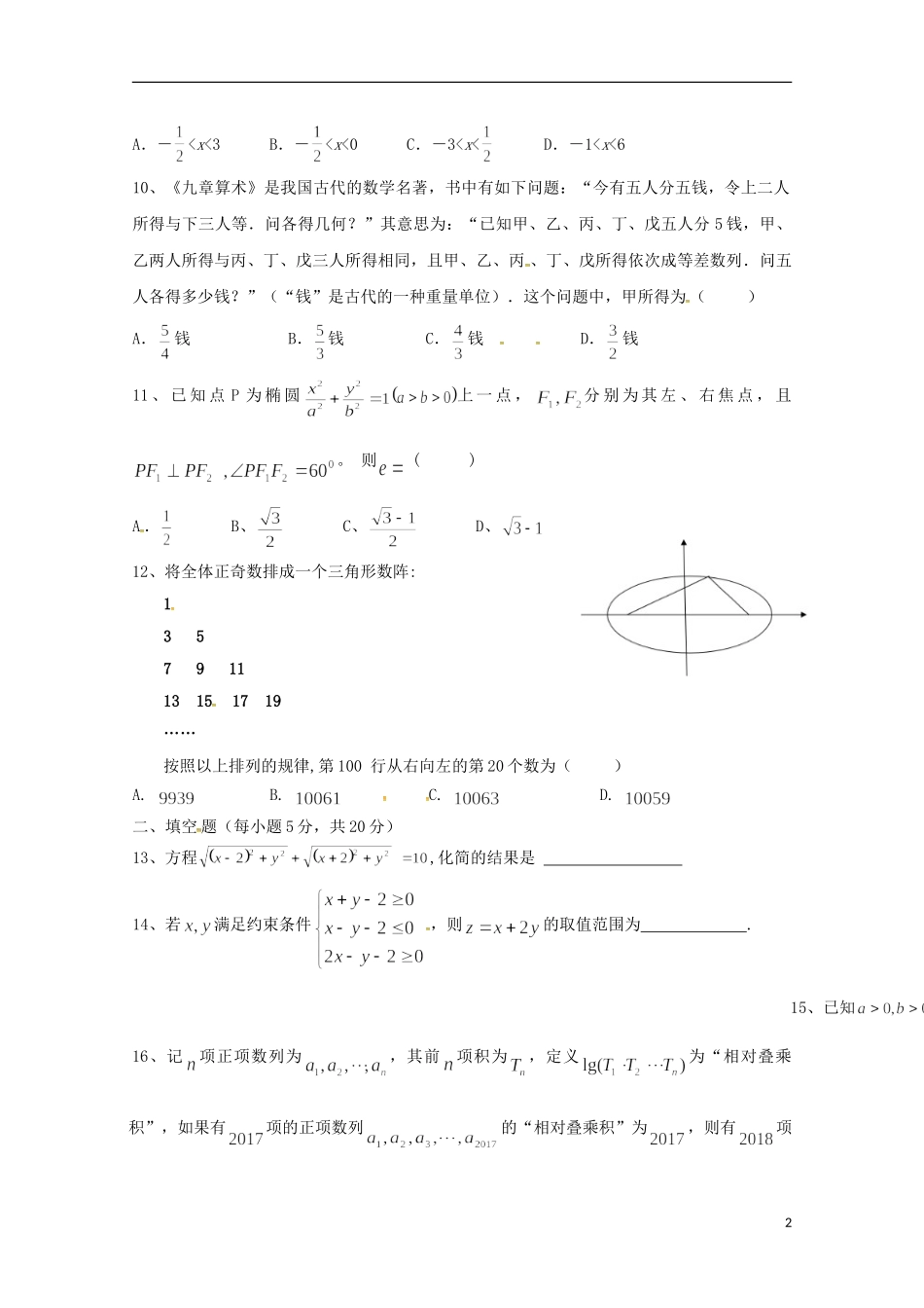 湖南省茶陵县高二数学上学期第二次月考试题 理-人教版高二全册数学试题_第2页