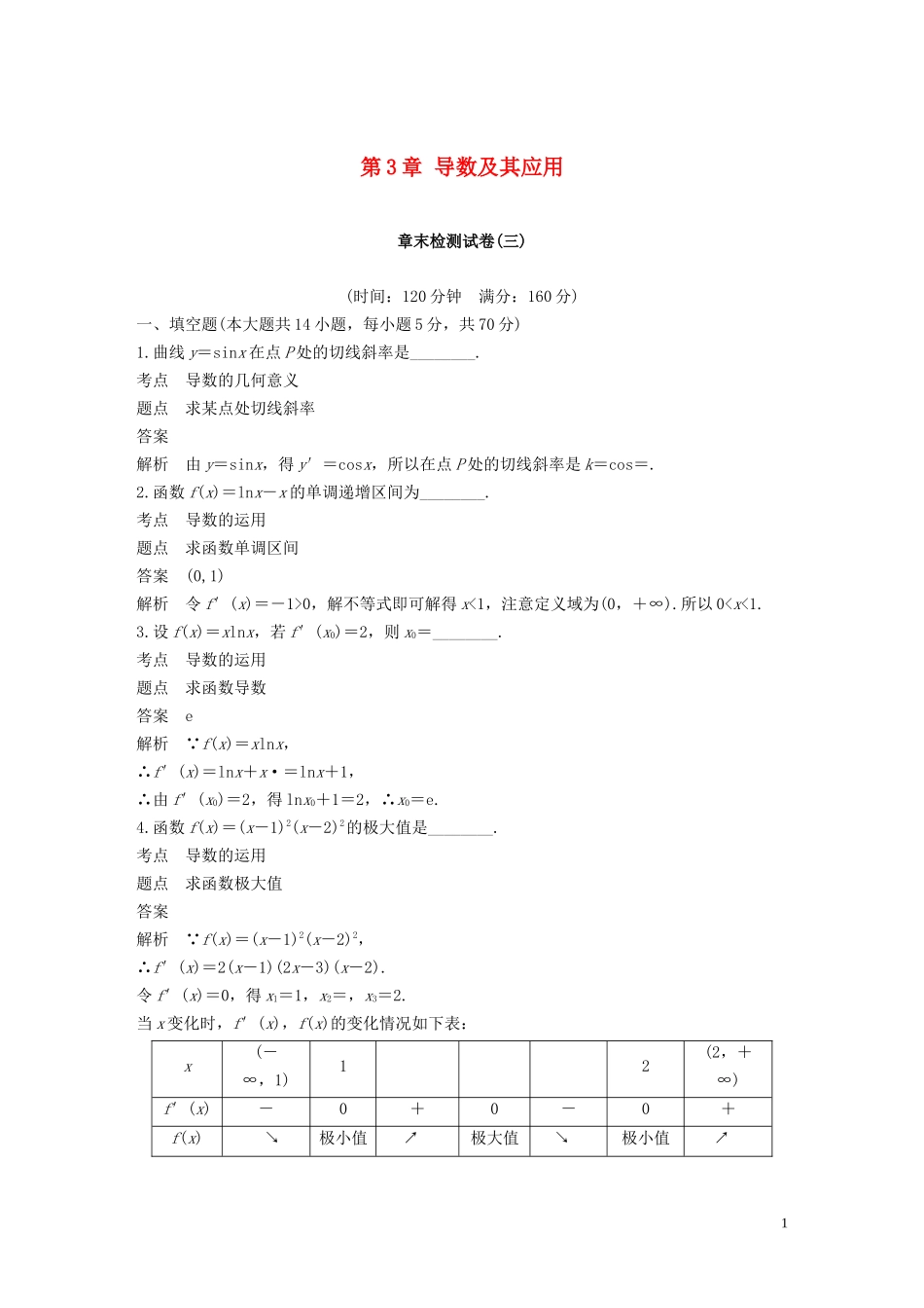 高中数学 第3章 导数及其应用章末检测试卷 苏教版选修1-1-苏教版高二选修1-1数学试题_第1页