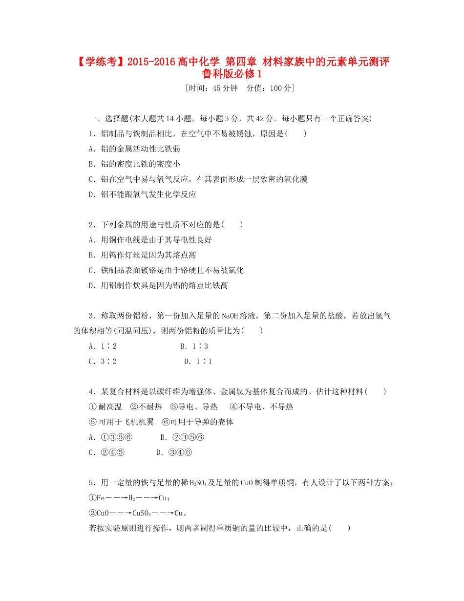 高中化学 第四章 材料家族中的元素单元测评 鲁科版必修1-鲁科版高一必修1化学试题_第1页