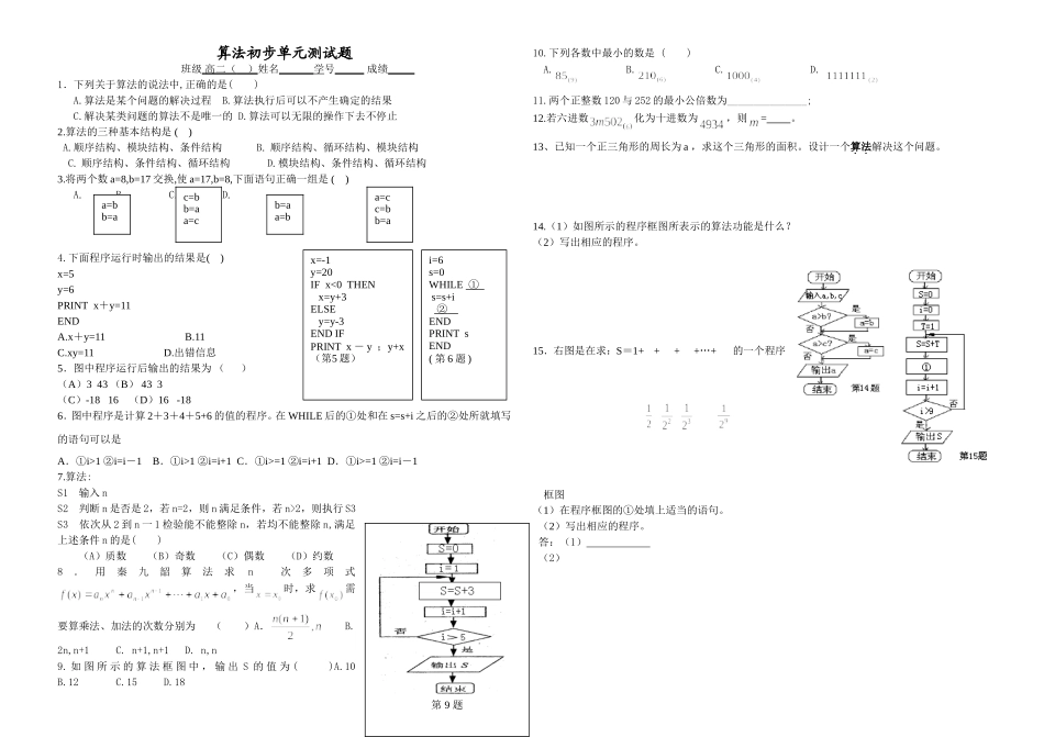 浙江华维外国语学校高二数学算法初步单元测试题 新课标人教A版 必修3_第1页