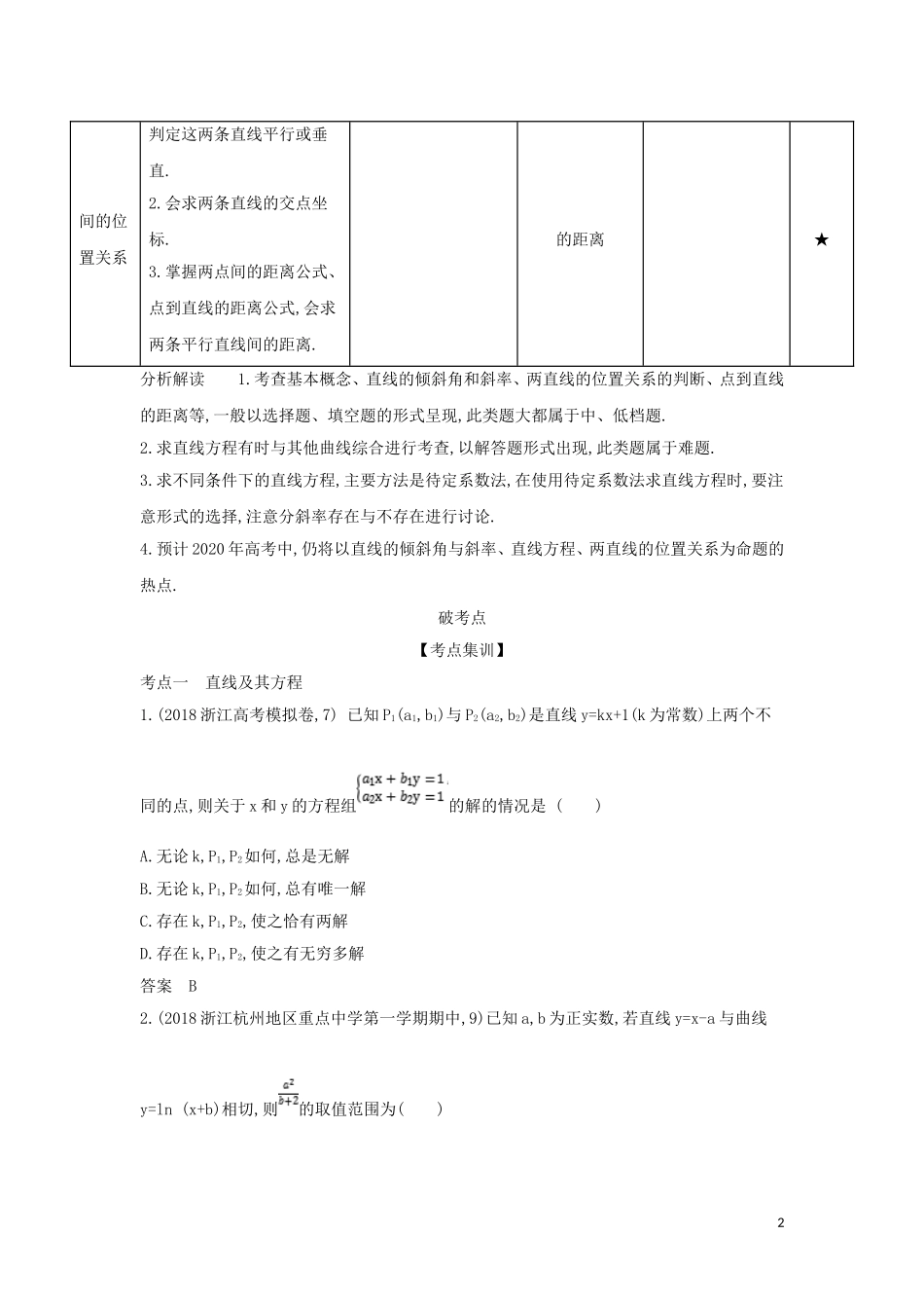 （浙江专用）高考数学一轮总复习 专题9 直线和圆的方程 9.1 直线方程和两直线间的位置关系检测-人教版高三全册数学试题_第2页