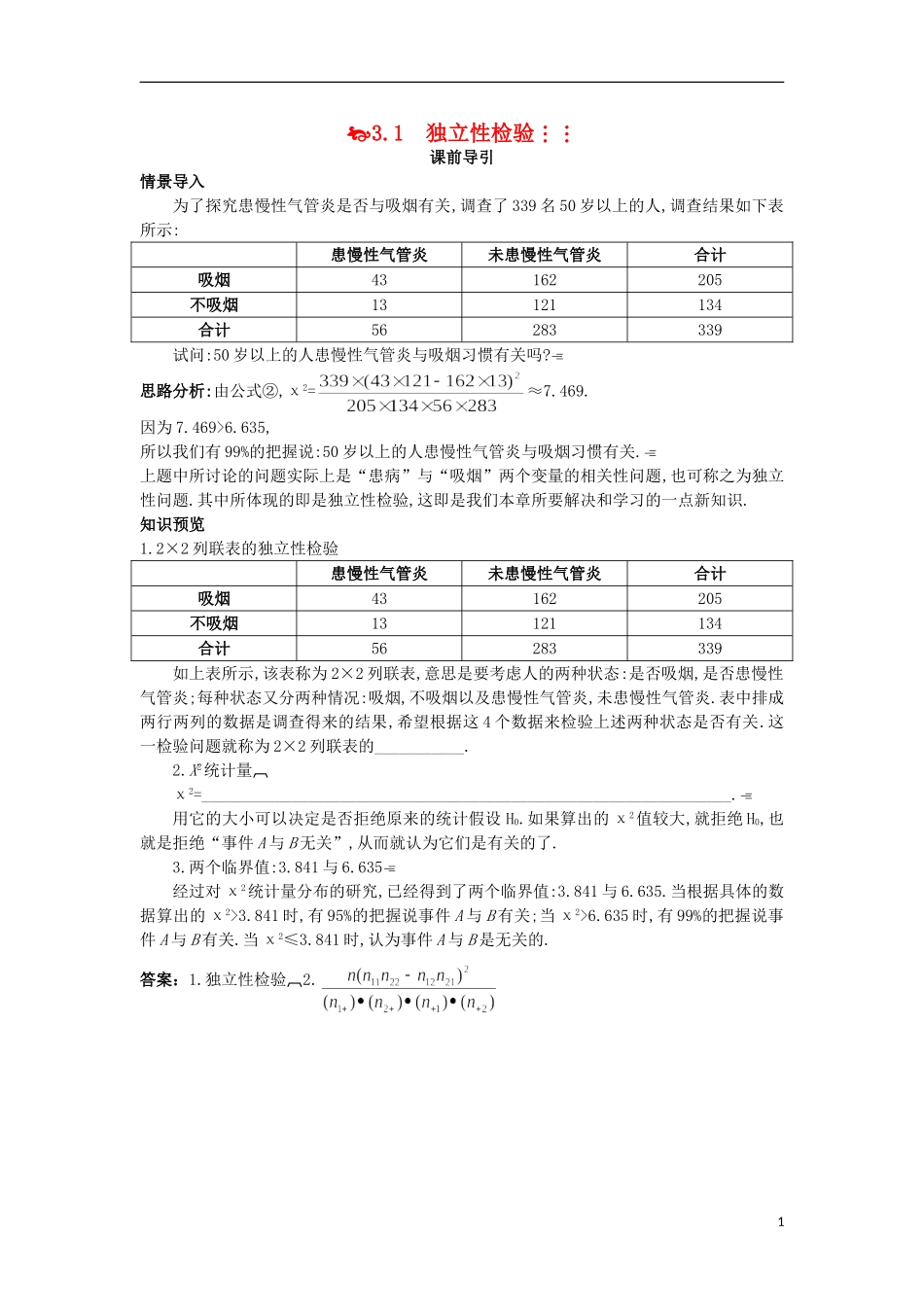 高中数学 第三章 统计案例 3.1 独立性检验课前导引 苏教版选修2-3-苏教版高二选修2-3数学试题_第1页