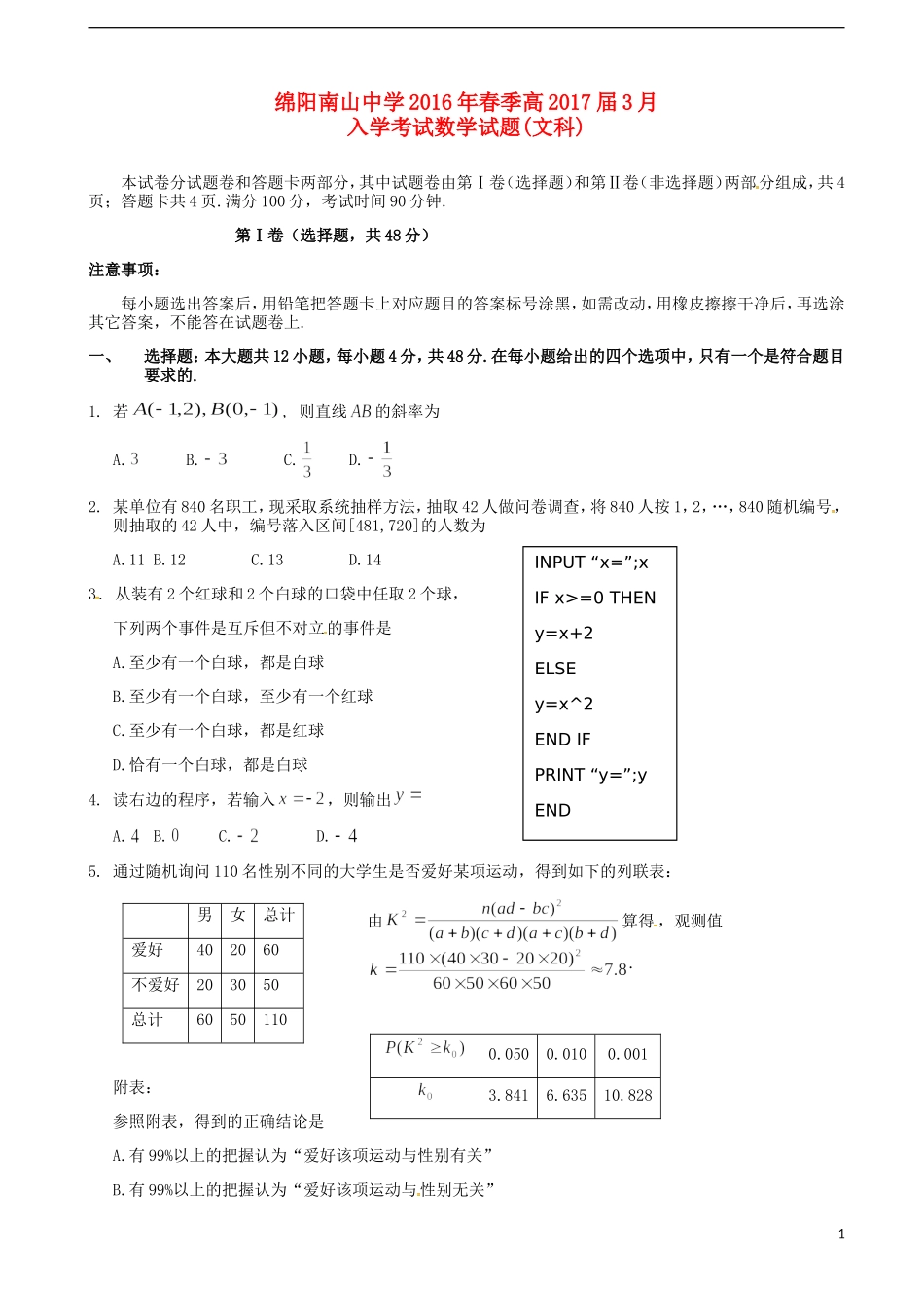 高二数学3月入学考试试题 文-人教版高二全册数学试题_第1页