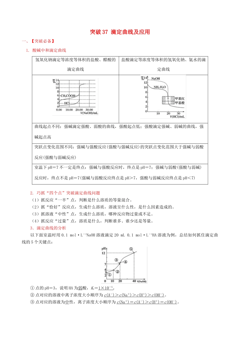 冲刺高考化学二轮复习 核心考点特色突破 突破37 滴定曲线及应用（含解析）-人教版高三全册化学试题_第1页