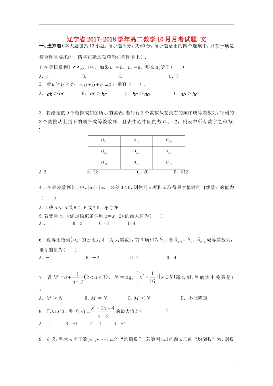 辽宁省高二数学10月月考试题 文-人教版高二全册数学试题_第1页