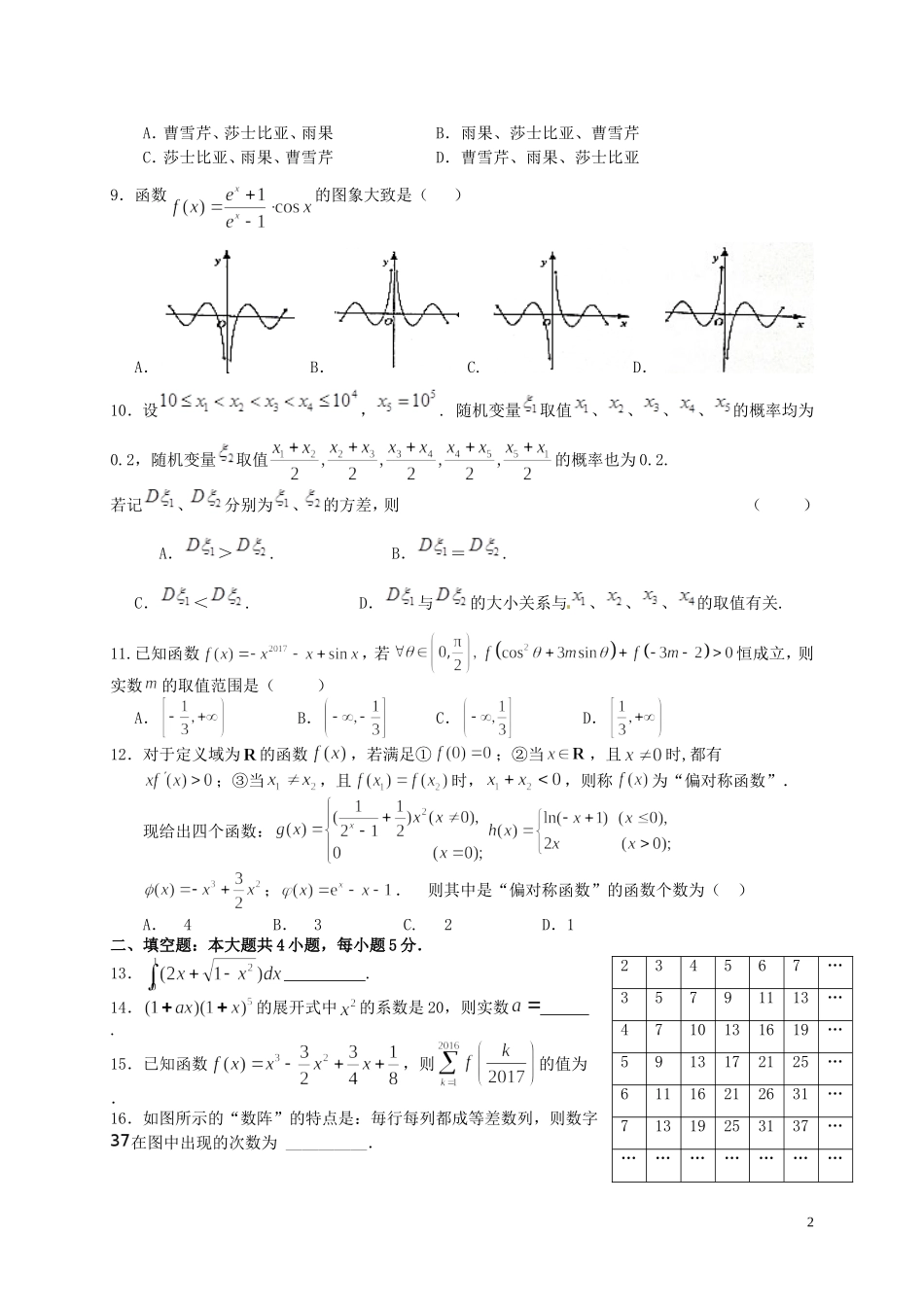 福建省泉州市泉港区高二数学下学期期末考试试题 理-人教版高二全册数学试题_第2页