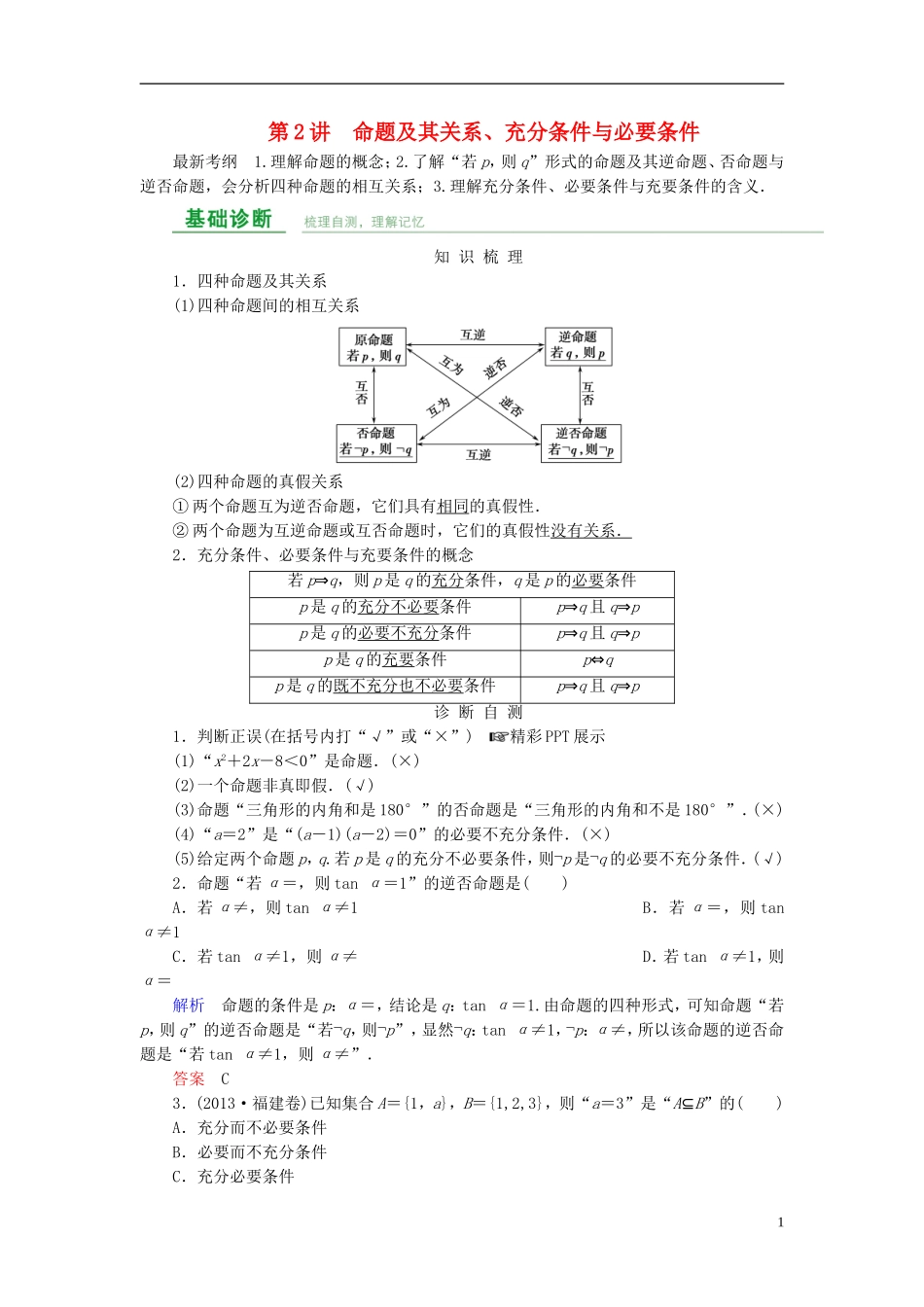 高考数学总复习 第一章 集合与常用逻辑用语 第2讲 命题及其关系、充分条件与必要条件-人教版高三全册数学试题_第1页