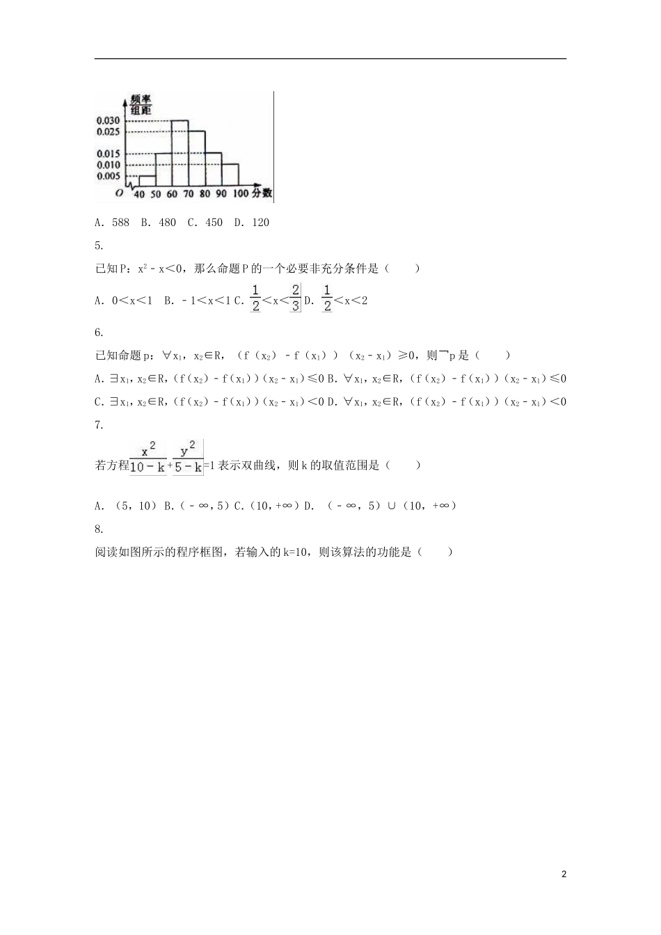 辽宁省大连市普兰店市高二数学上学期期中试题 理-人教版高二全册数学试题_第2页