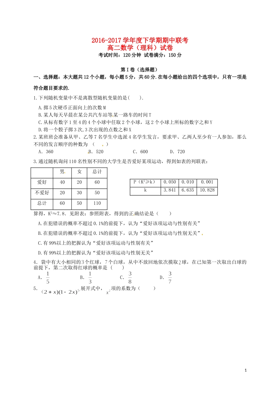 湖北省天门市三校高二数学下学期期中试题 理-人教版高二全册数学试题_第1页
