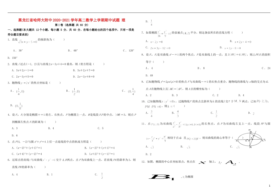 黑龙江省哈师大附中高二数学上学期期中试题 理-人教版高二全册数学试题_第1页