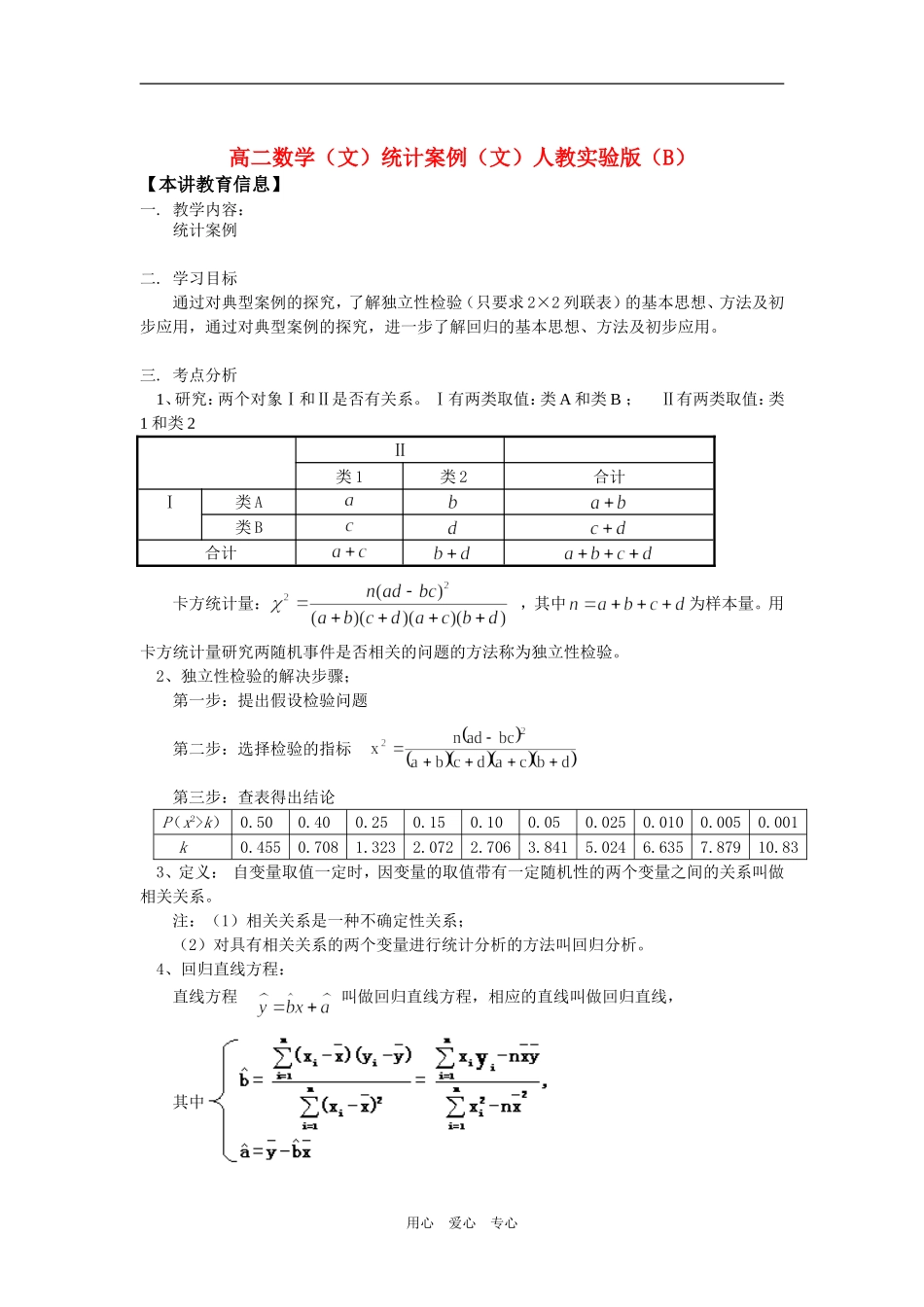高二数学（文）统计案例（文）人教实验版（B）知识精讲_第1页
