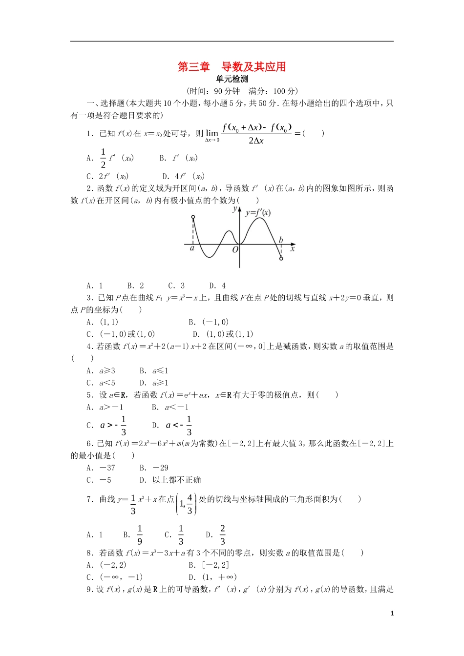 高中数学 第三章 导数及其应用单元检测 新人教B版选修1-1-新人教B版高二选修1-1数学试题_第1页