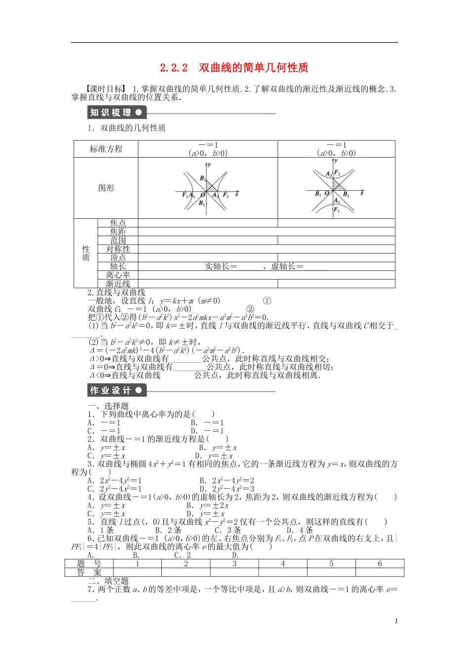 高中数学 第二章 2.2.2双曲线的简单几何性质课时作业 新人教A版选修1-1-新人教A版高二选修1-1数学试题_第1页