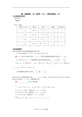 高二抛物线（文）数学（文）人教实验版（A）知识精讲