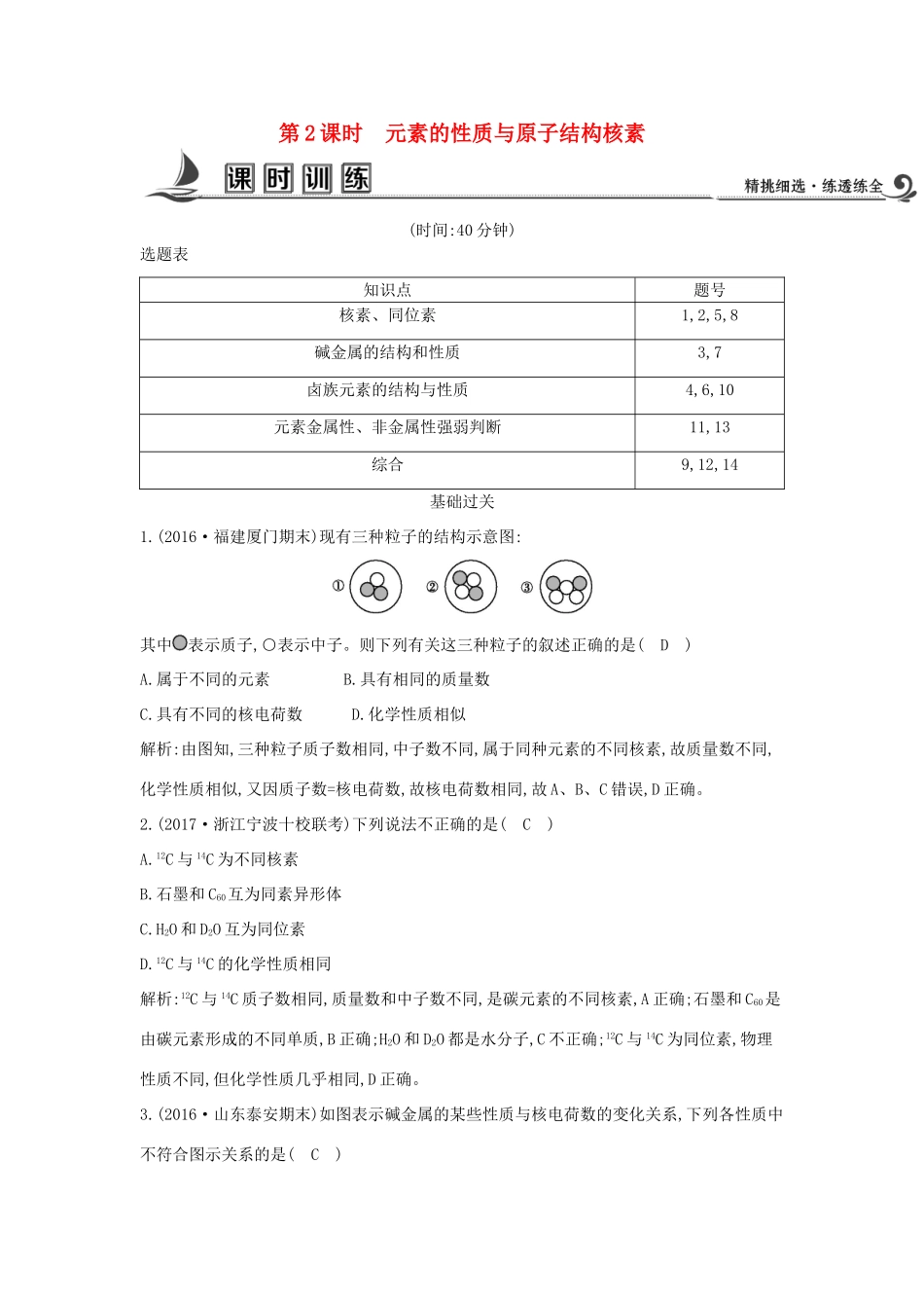 高中化学 第一章 物质结构 元素周期律 第一节 元素周期表 第2课时 元素的性质与原子结构核素课时训练 新人教版必修2-新人教版高一必修2化学试题_第1页