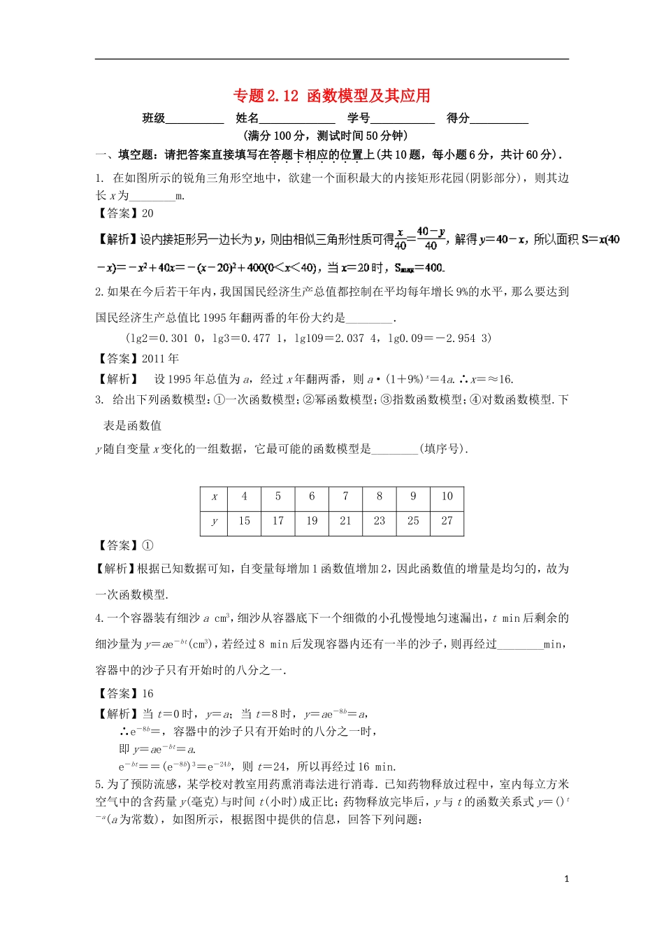 （江苏版）高考数学一轮复习 专题2.12 函数模型及其应用（测）-江苏版高三全册数学试题_第1页