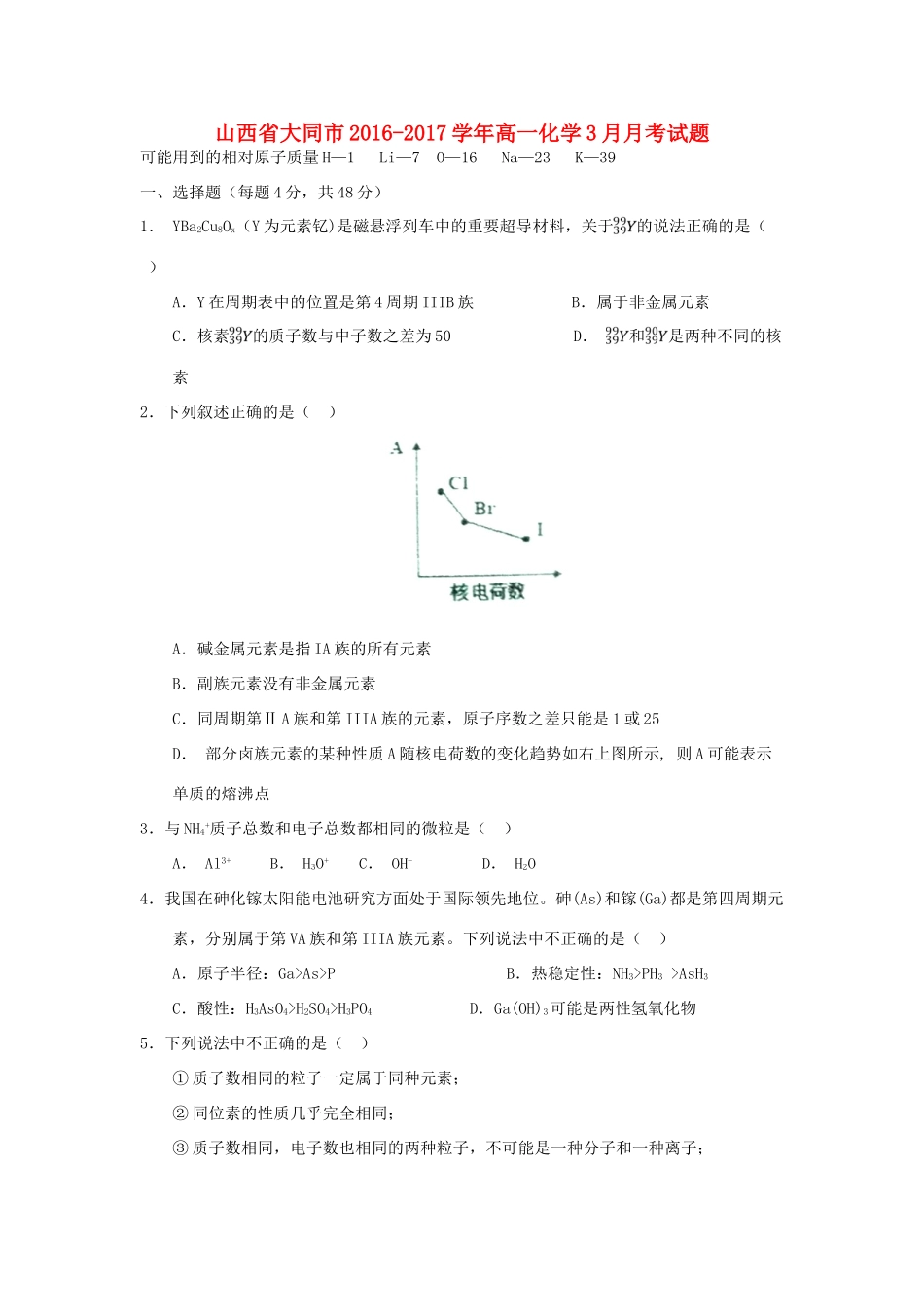 山西省大同市高一化学3月月考试题-人教版高一全册化学试题_第1页