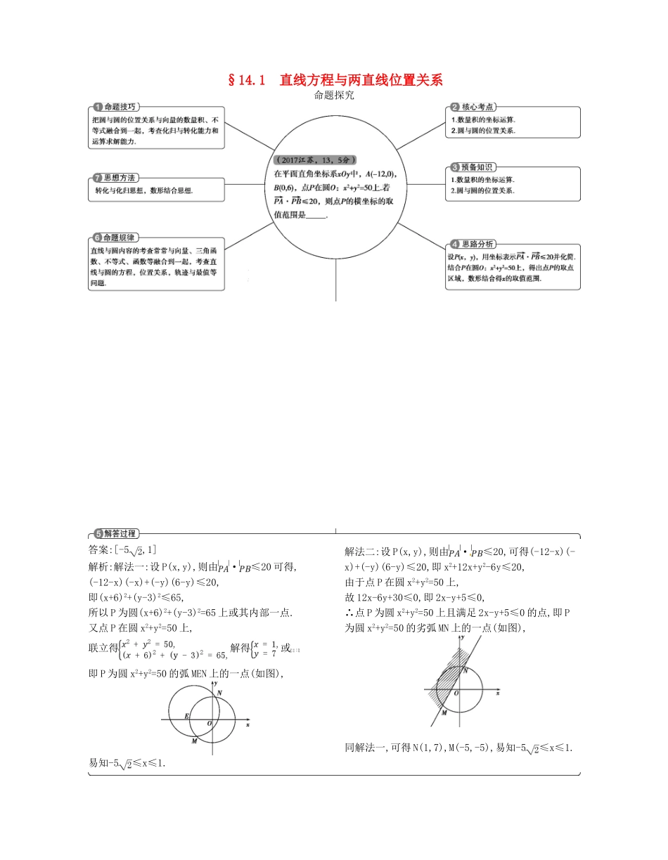 （江苏专版）高考数学一轮复习 第十四章 平面解析几何初步 14.1 直线方程与两直线位置关系讲义-人教版高三全册数学试题_第1页