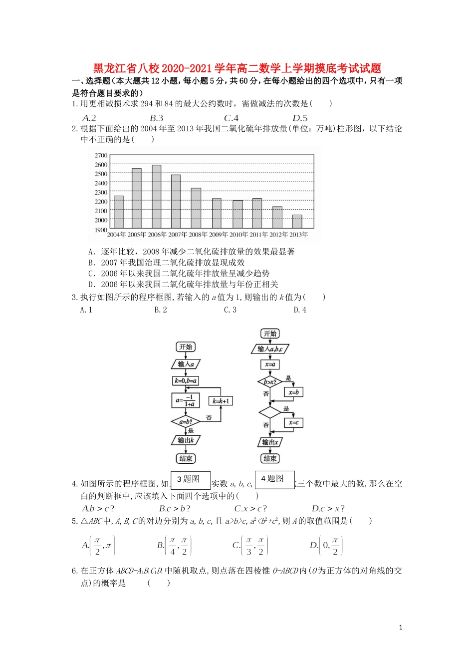 黑龙江省八校高二数学上学期摸底考试试题-人教版高二全册数学试题_第1页