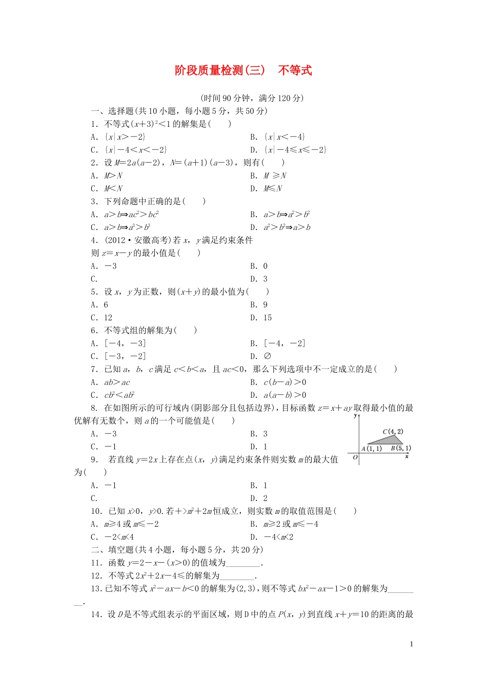 高中数学 第三章 不等式阶段质量检测 新人教A版必修5-新人教A版高二必修5数学试题_第1页
