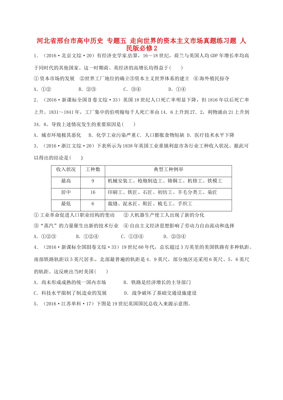 高中历史 专题五 走向世界的资本主义市场真题练习题 人民版必修2-人民版高一必修2历史试题_第1页