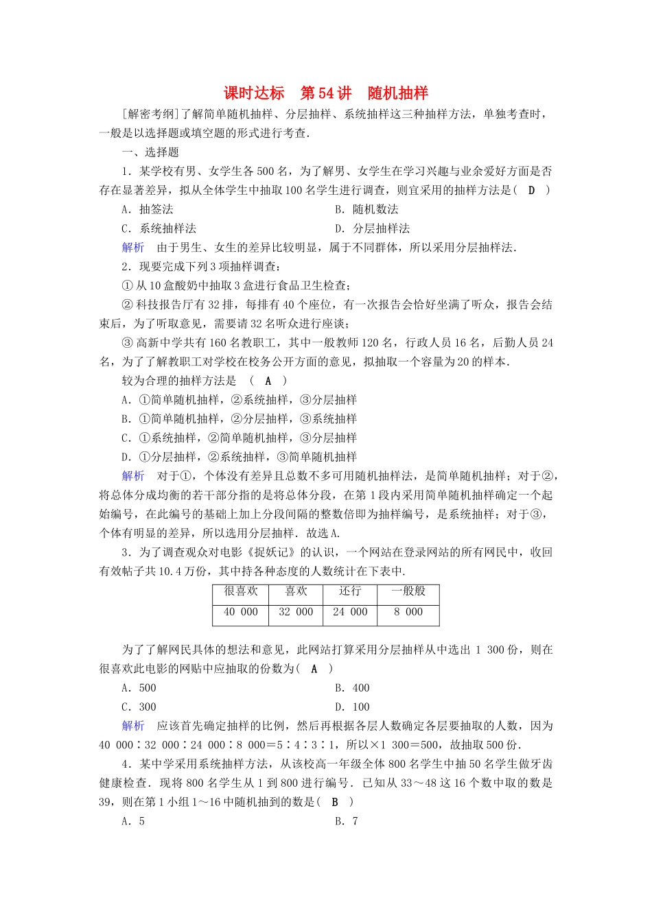 （全国通用版）高考数学大一轮复习 第十章 算法初步、统计、统计案例 课时达标54 随机抽样-人教版高三全册数学试题_第1页