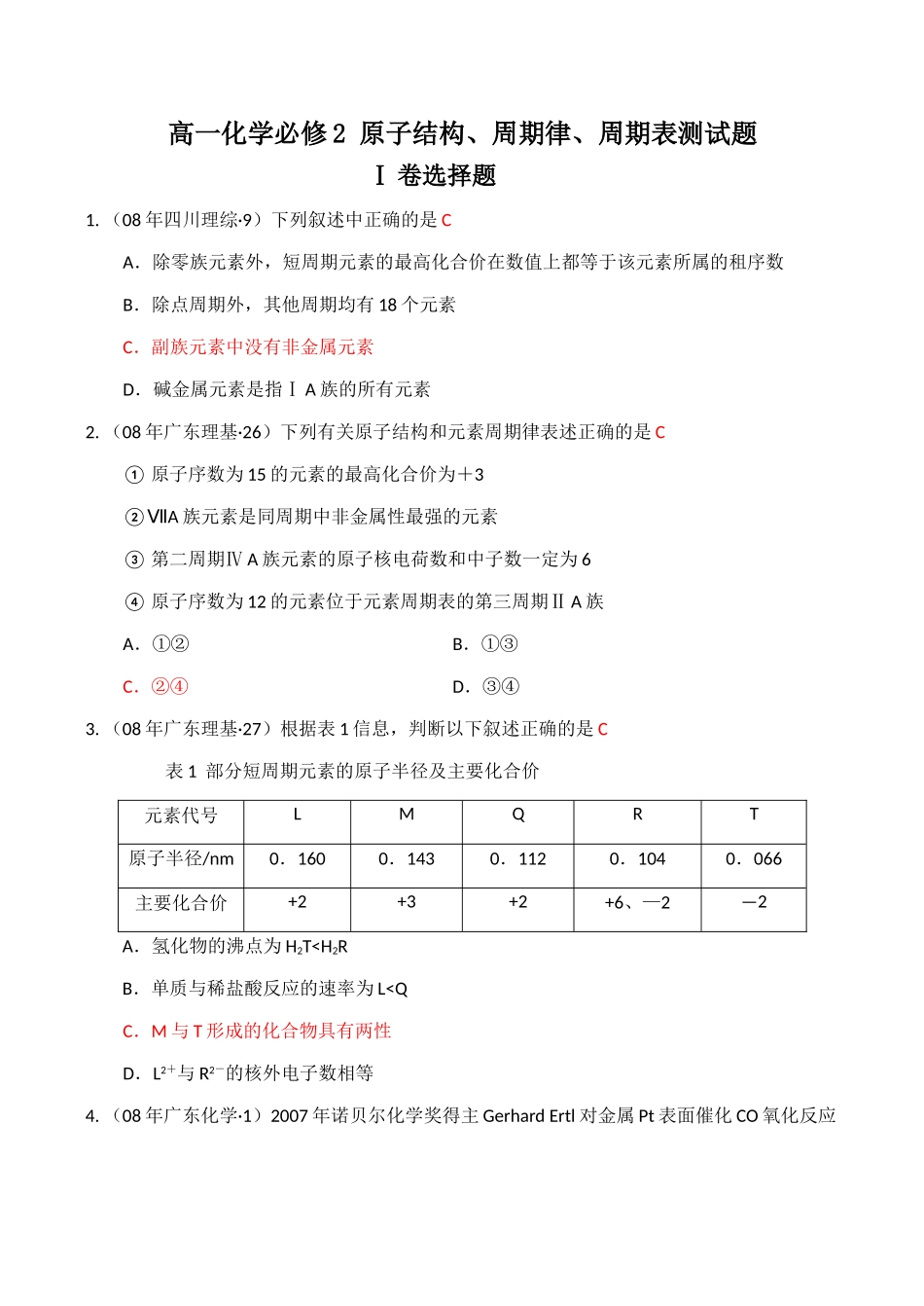 高一化学 原子结构、周期律、周期表测试题必修2_第1页