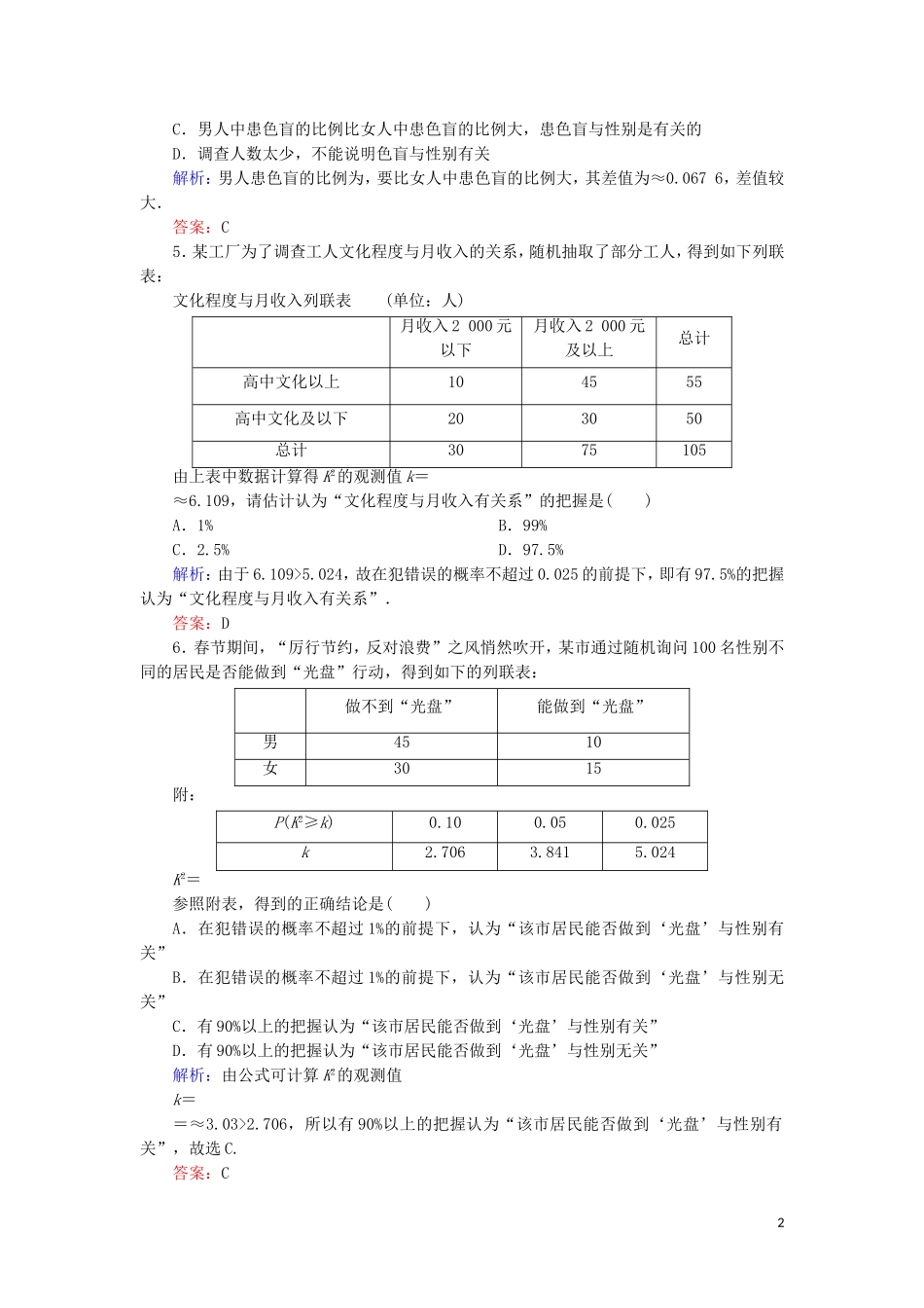 高中数学 第一章 统计案例 课时作业2 独立性检验的基本思想及其初步应用（含解析）新人教A版选修1-2-新人教A版高二选修1-2数学试题_第2页