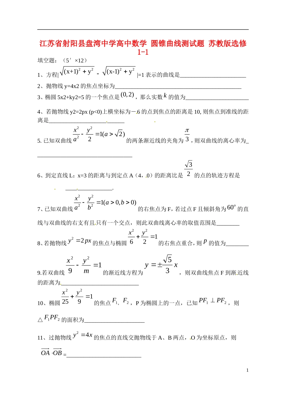 江苏省射阳县盘湾中学高中数学 圆锥曲线测试题 苏教版选修1-1_第1页