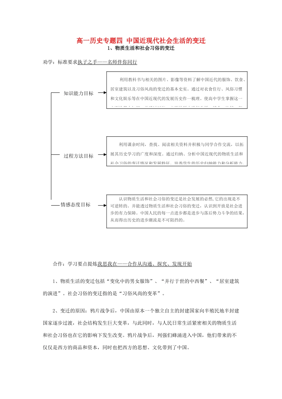 高一历史专题四 中国近现代社会生活的变迁与教训 人民版 必修2_第1页