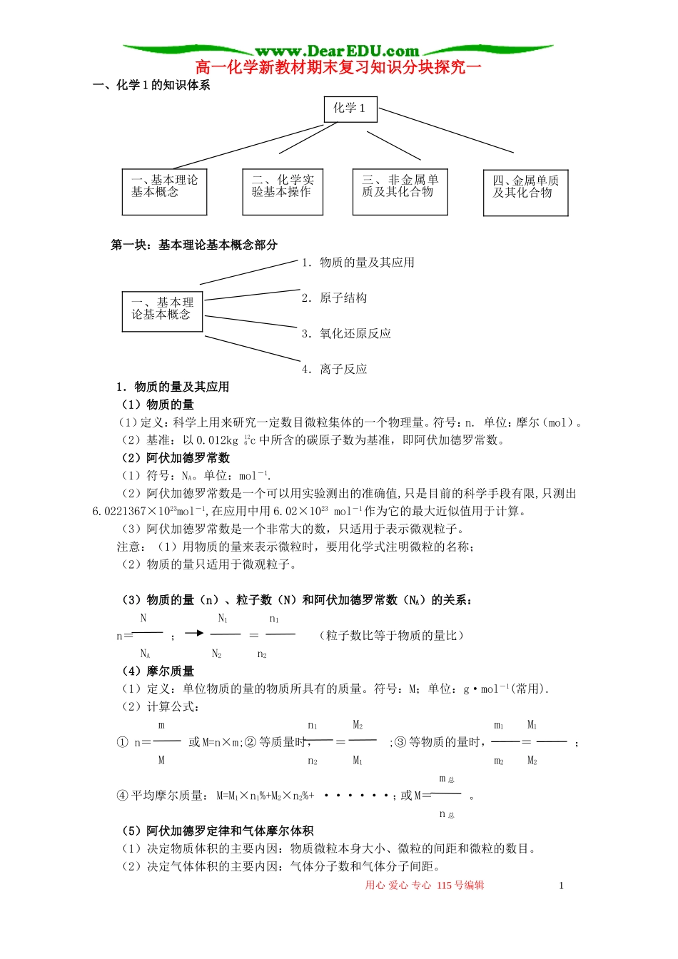 高一化学新教材期末复习知识分块探究一 苏教版_第1页