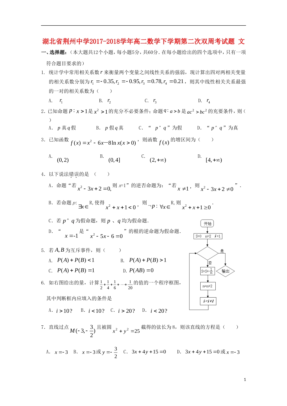 高二数学下学期第二次双周考试题 文-人教版高二全册数学试题_第1页