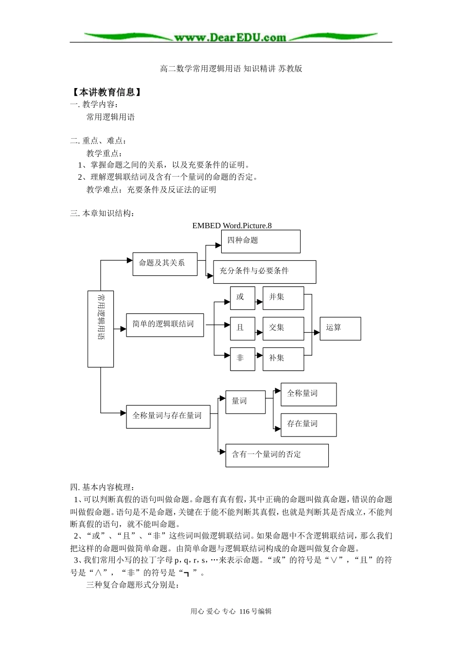高二数学常用逻辑用语 知识精讲 苏教版_第1页