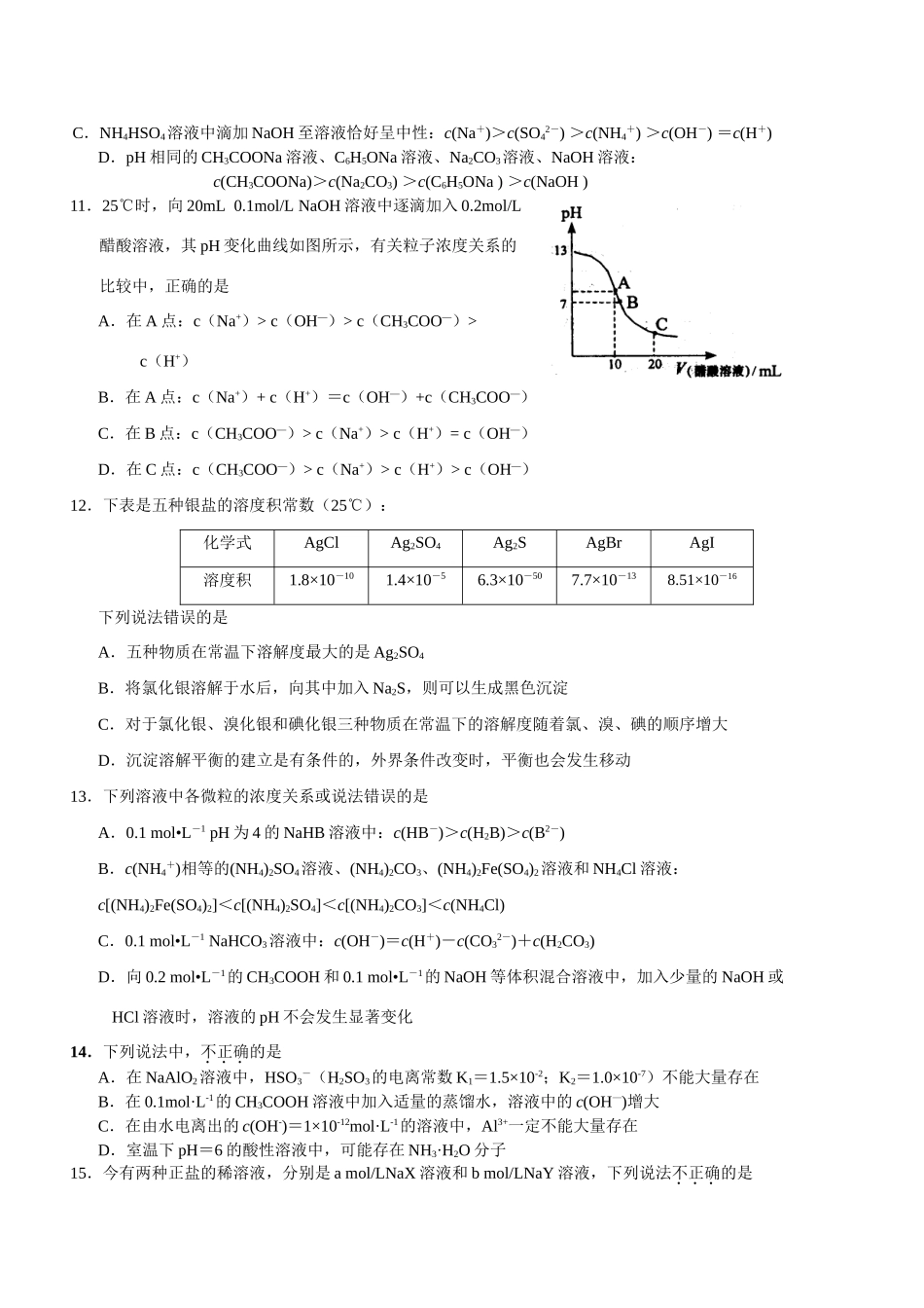 江苏省江浦高级中学高三化学二轮专题训练：电解质溶液练习二_第3页