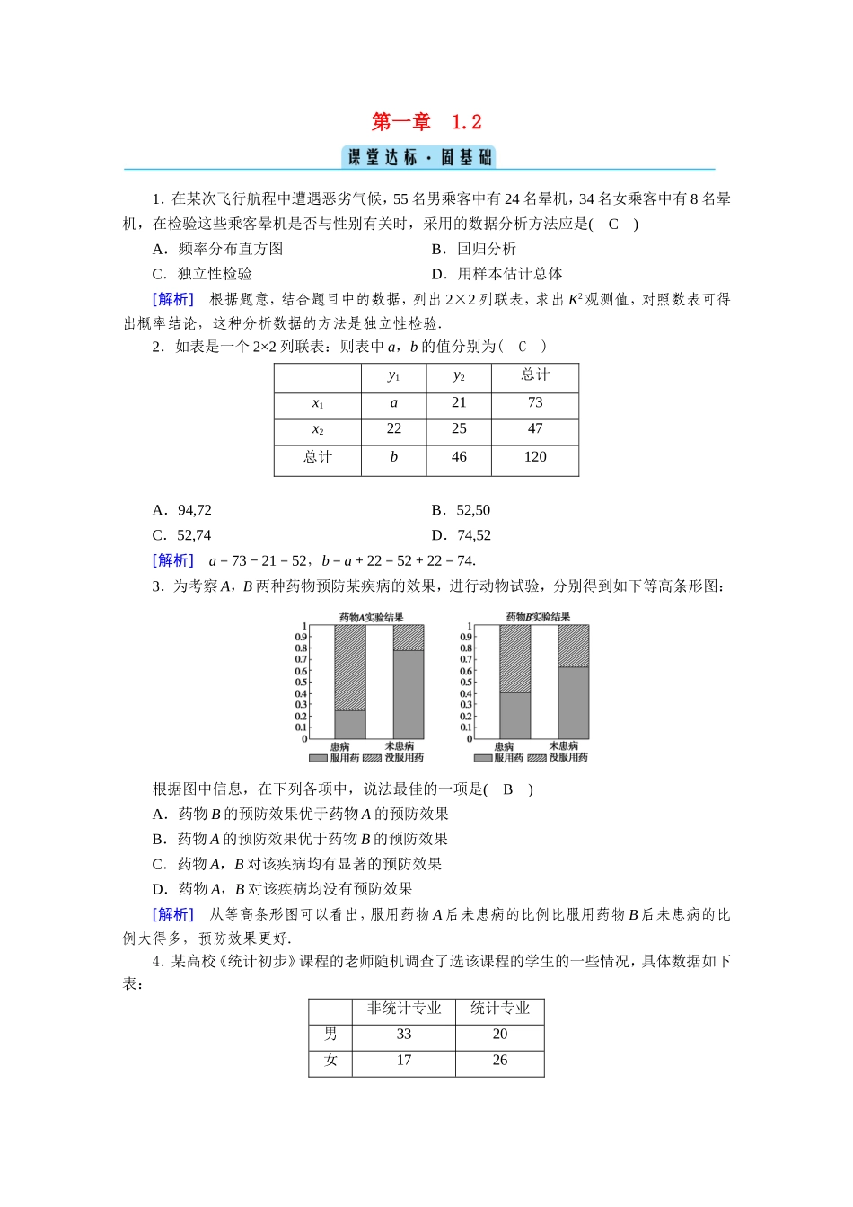 高中数学 第一章 统计案例 1.2 独立性检验的基本思想及其初步应用课堂作业（含解析）新人教A版选修1-2-新人教A版高二选修1-2数学试题_第1页