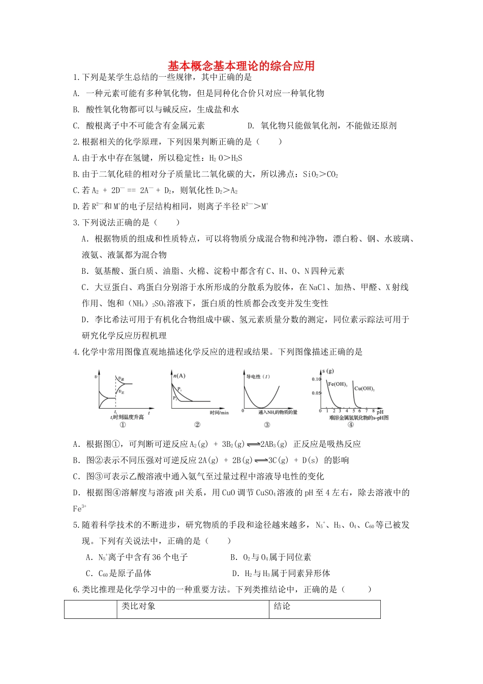 山东省枣庄市山亭区高三化学一轮复习 专题 基本概念基本理论的综合应用-人教版高三全册化学试题_第1页