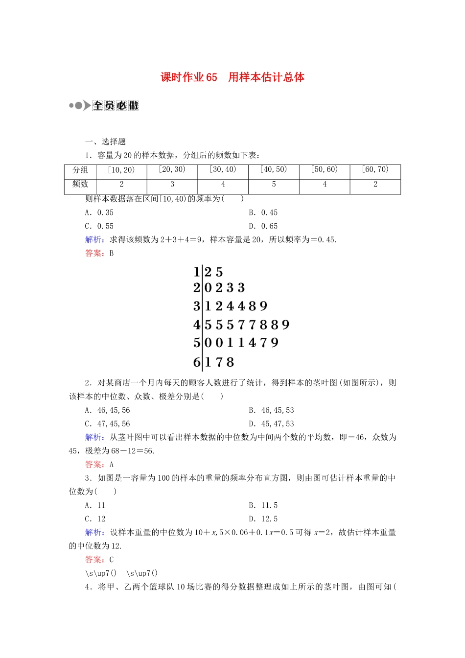 （新课标）高考数学大一轮复习 9.3用样本估计总体课时作业 理-人教版高三全册数学试题_第1页