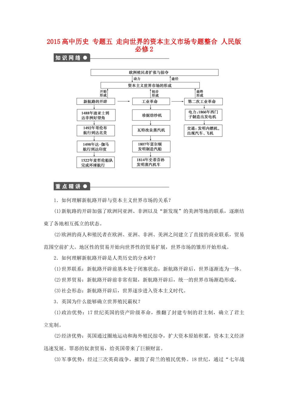 高中历史 专题五 走向世界的资本主义市场专题整合 人民版必修2-人民版高一必修2历史试题_第1页
