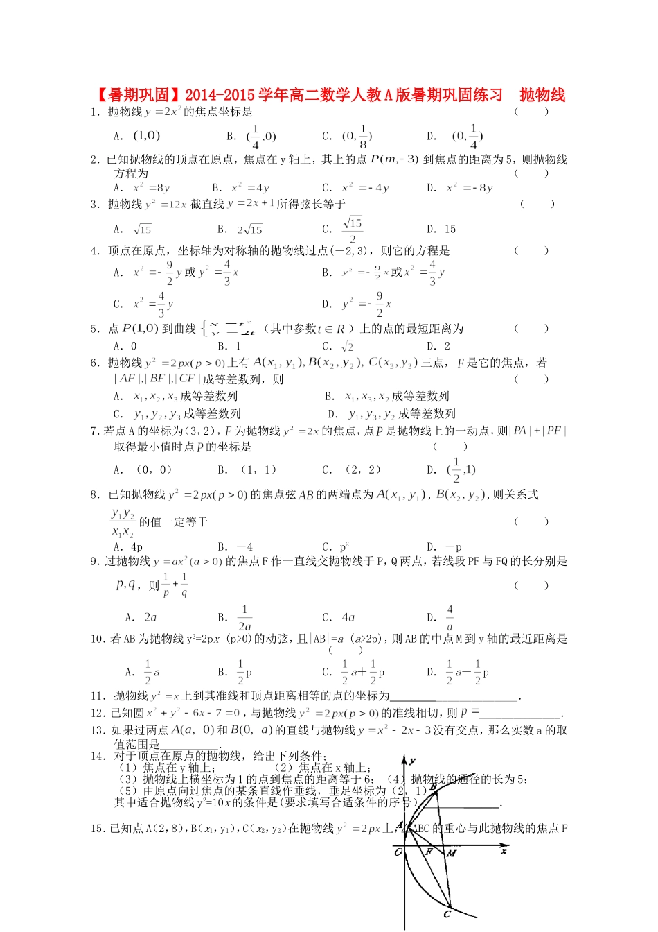 高二数学 抛物线暑期巩固练习-人教版高二全册数学试题_第1页