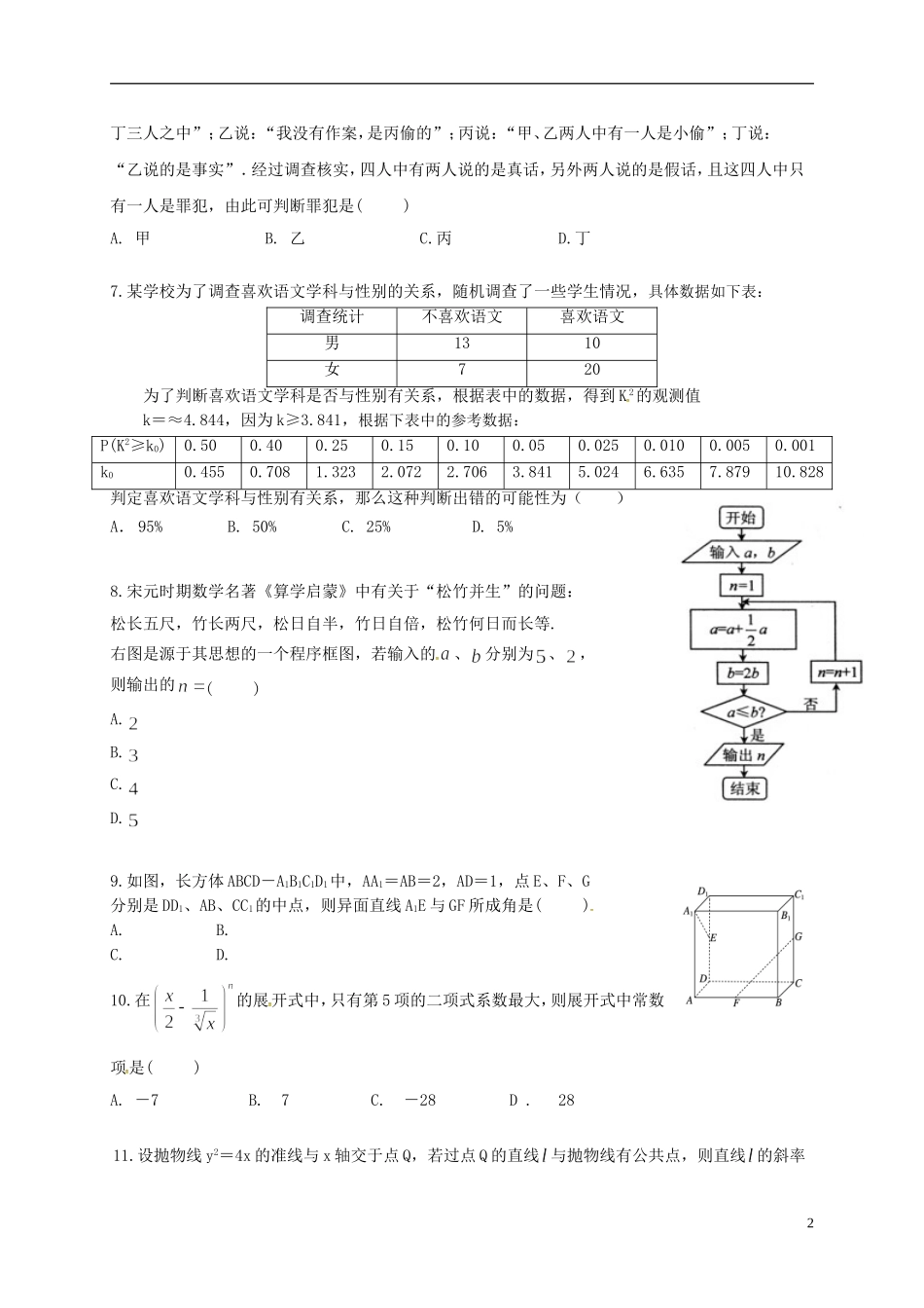 湖北省宜昌市七校高二数学下学期期末考试试题 理-人教版高二全册数学试题_第2页