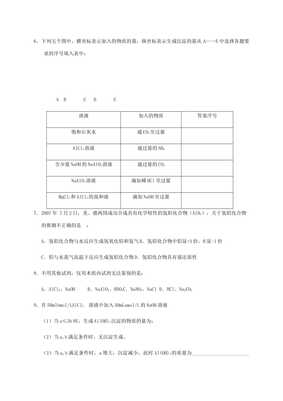 高中化学 3-1（课时26）铝的氧化物和氢氧化物课时练（无答案）苏教版必修1-苏教版高一必修1化学试题_第2页