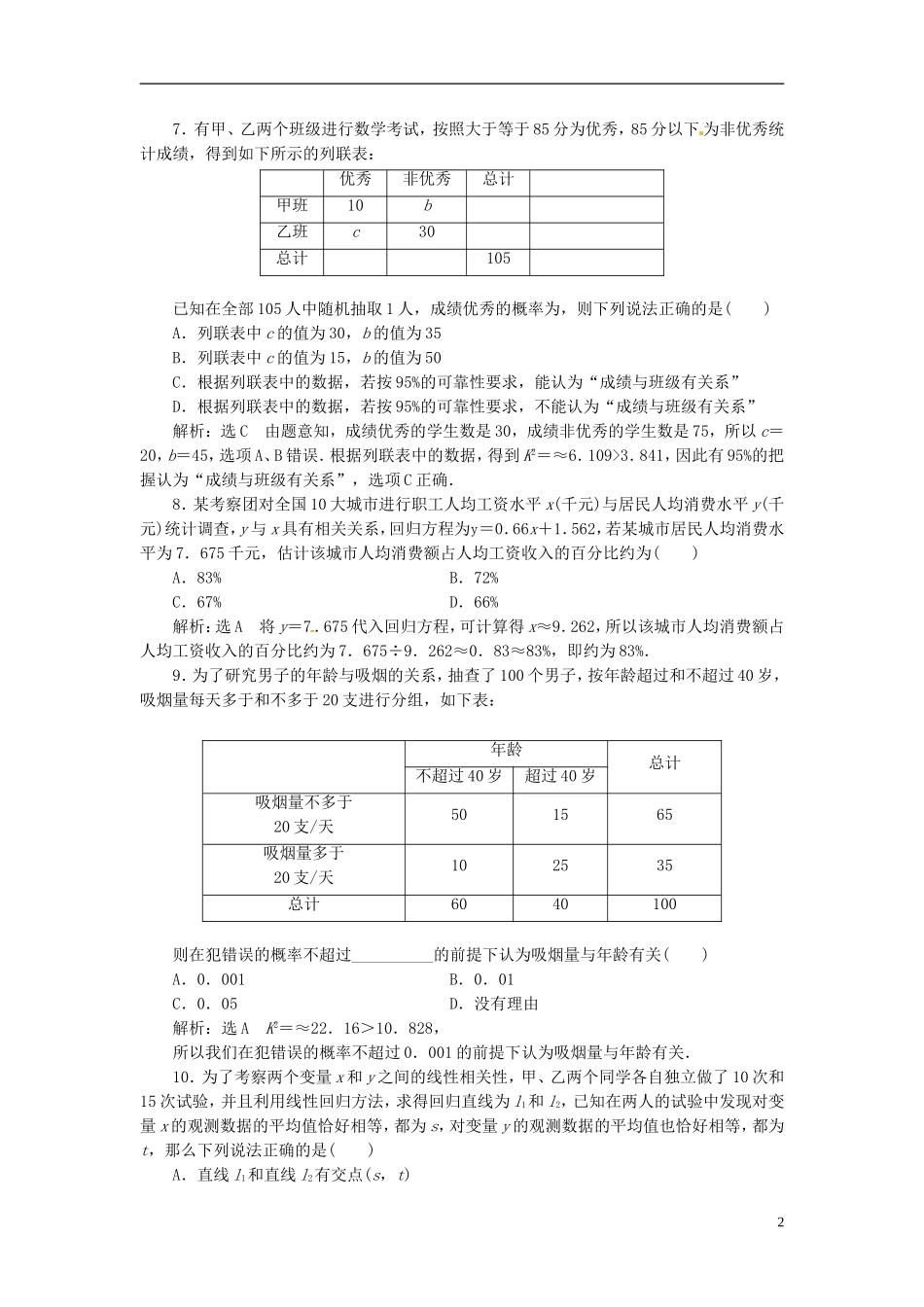 高中数学 阶段质量检测（一）统计案例 新人教A版选修1-2-新人教A版高二选修1-2数学试题_第2页