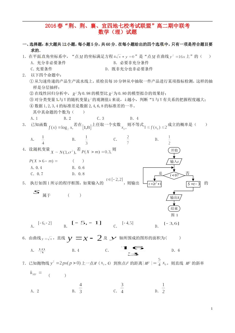 湖北省荆、荆、襄、宜四地七校考试联盟高二数学下学期期中试题 理-人教版高二全册数学试题_第1页