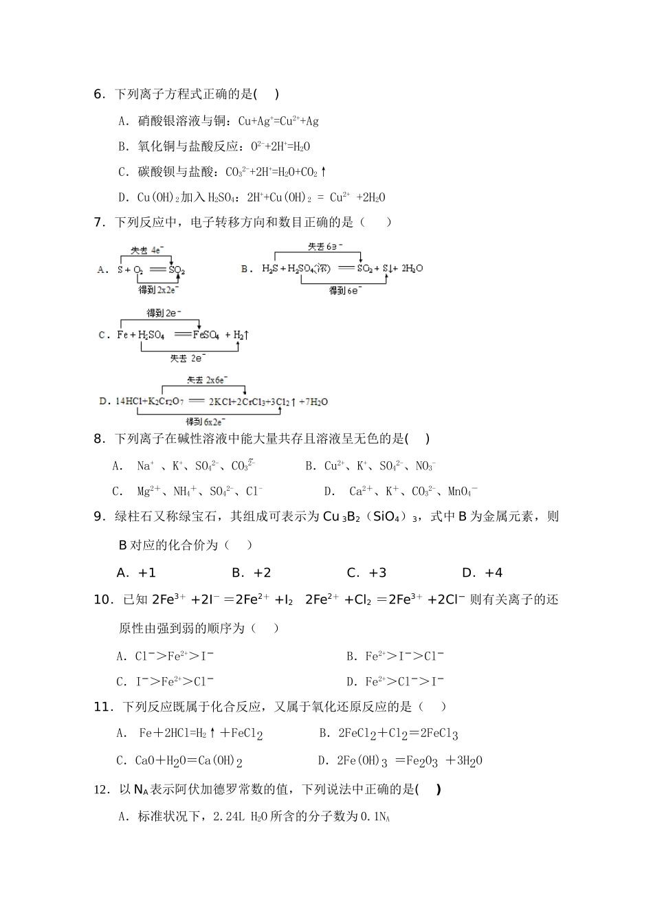 四川省攀枝花市米易中学10-11学年高一化学1月月考_第2页