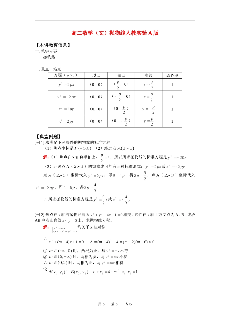 高二数学（文）抛物线人教实验A版知识精讲_第1页