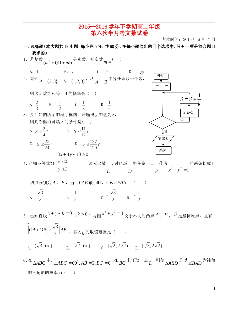 高二数学下学期第六次半月考试题 文-人教版高二全册数学试题_第1页