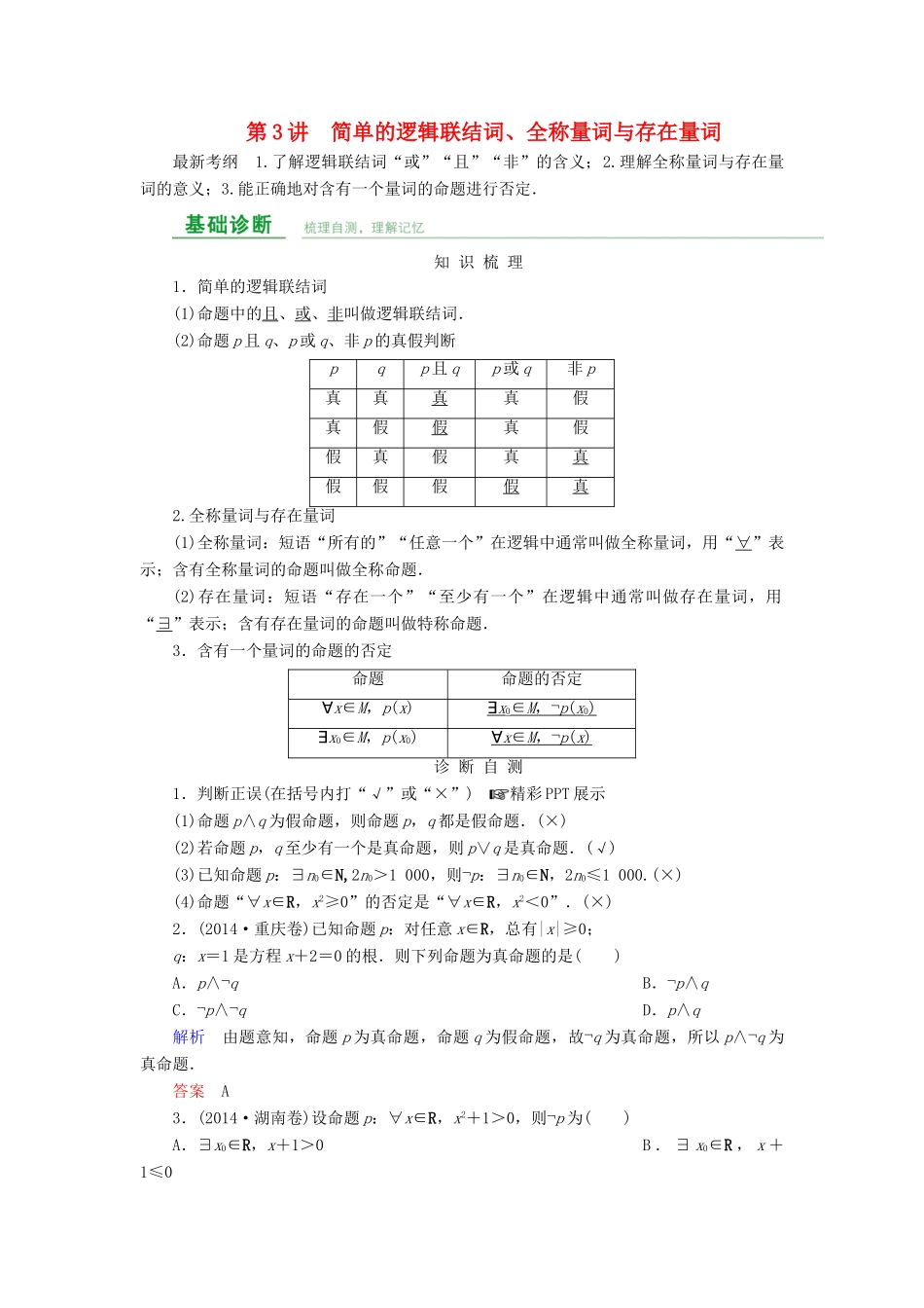 高考数学总复习 第一章 集合与常用逻辑用语 第3讲 简单的逻辑联结词、全称量词与存在量词-人教版高三全册数学试题_第1页