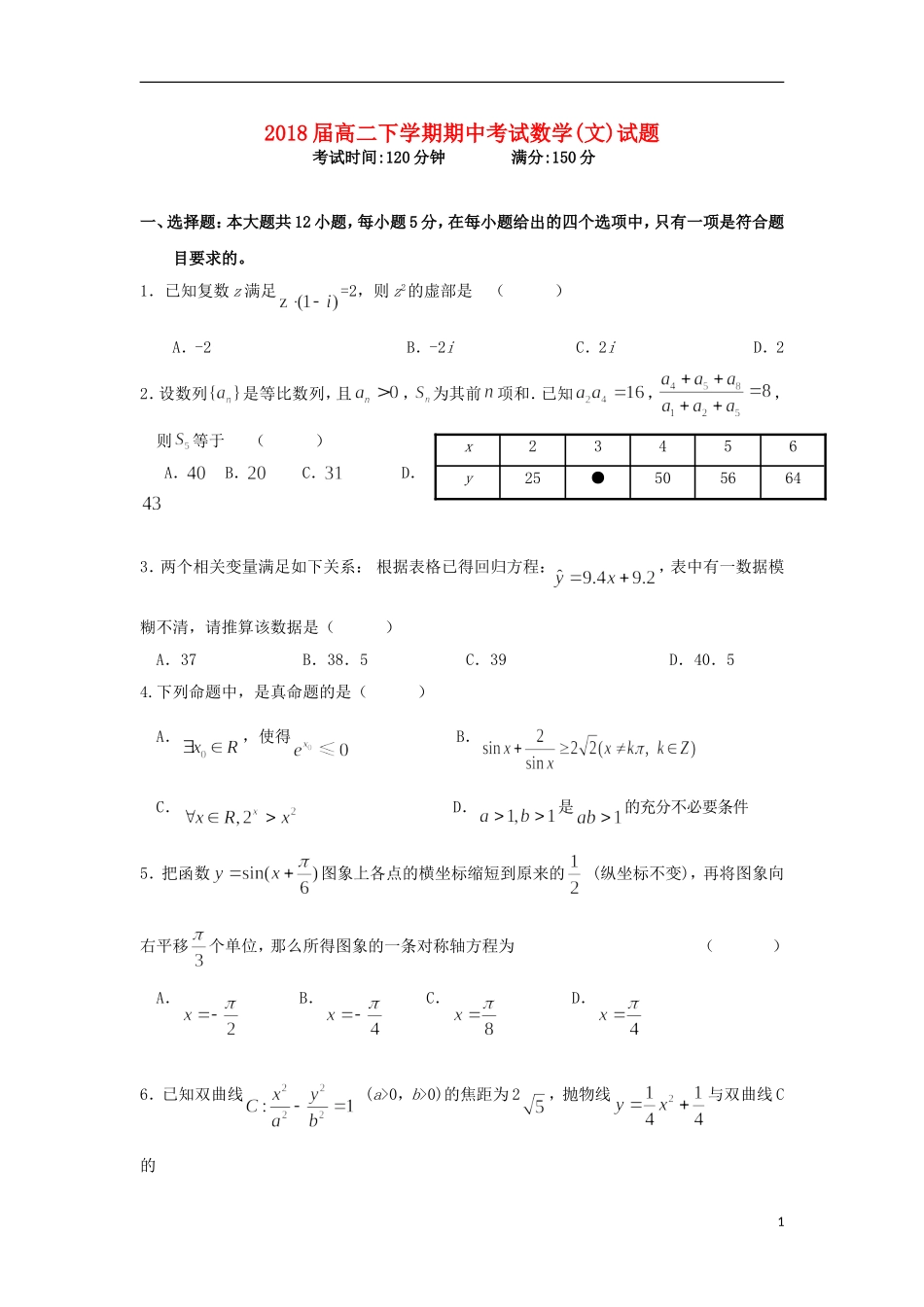 辽宁省庄河市高二数学下学期期中试题 文-人教版高二全册数学试题_第1页