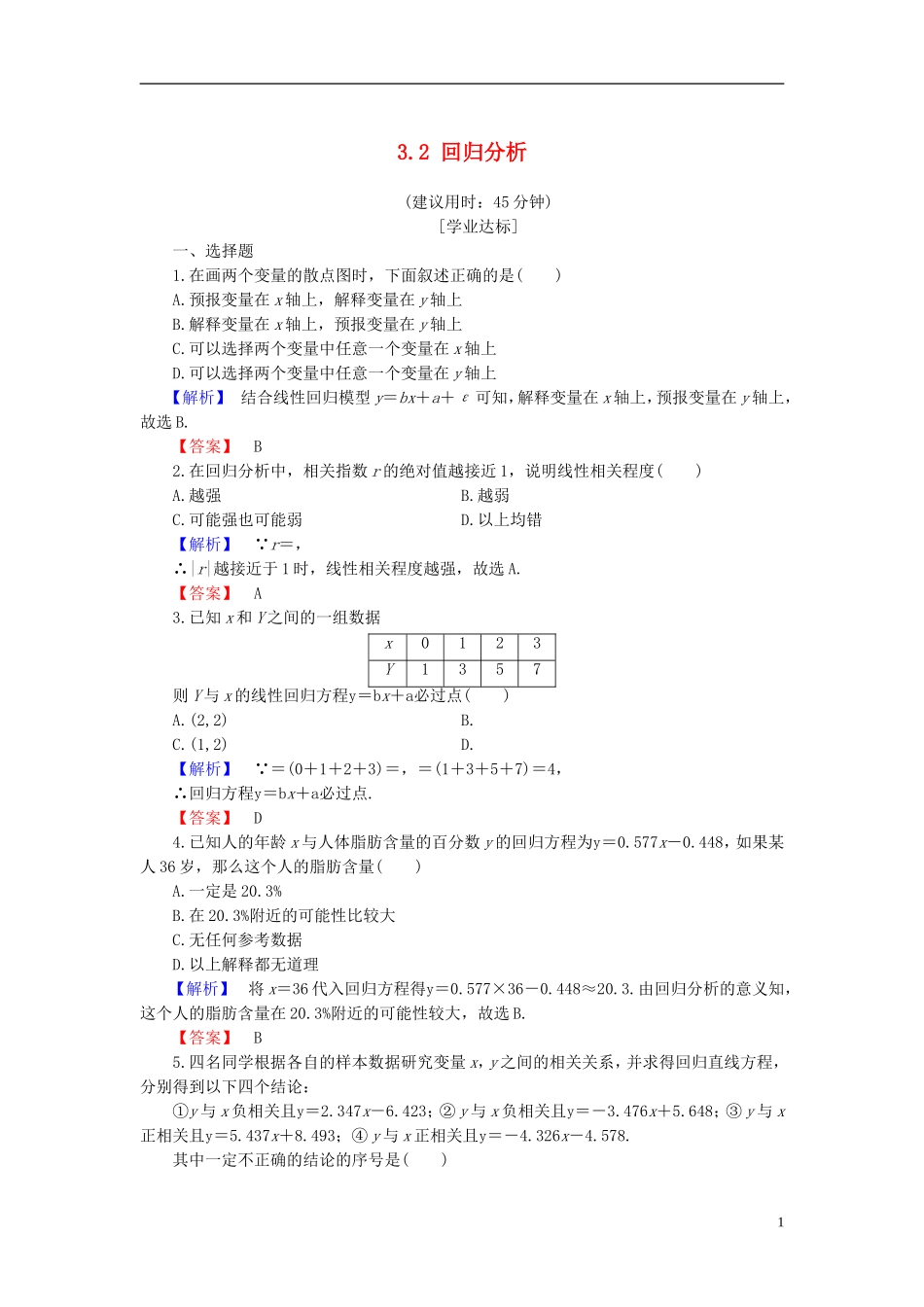 高中数学 第三章 统计 3.2 回归分析学业分层测评 新人教B版选修2-3-新人教B版高二选修2-3数学试题_第1页